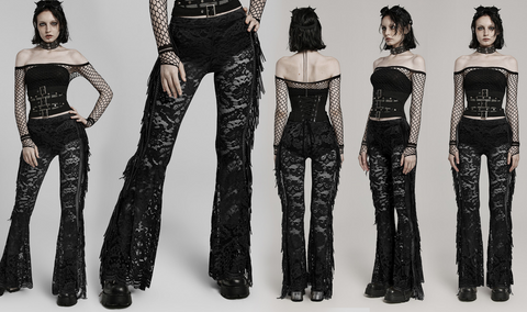 Damskie gotyckie koronkowe spodnie z frędzlami, rozkloszowane, czarne