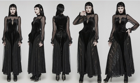 Women's Gothic Lace Ruffled Lace-Up Maxi Dress