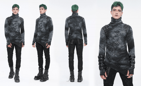 Men's Punk Irregular Stand Collar Ripped Shirt