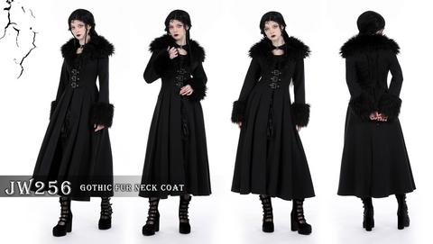 Cappotto drappeggiato con fibbia gotica da donna con collo in pelliccia sintetica