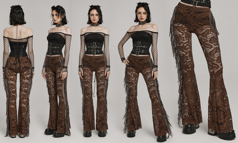 Damskie gotyckie koronkowe spodnie z frędzlami, rozszerzane, kawowe