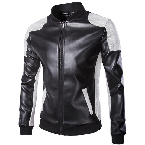 Men's White/Black Contrast Stand Collar Faux Leather Moto Jackets