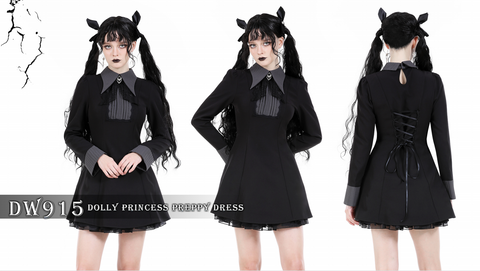Damen-Gothic-Kleid mit Umlegekragen und Netzspleißen