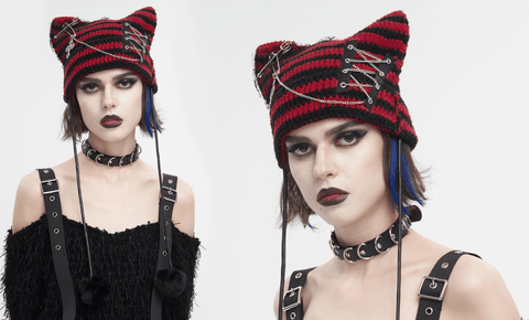 Women's Grunge Striped Pin Car Ears Beanie Red