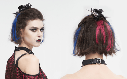 Women's Gothic Studded Mesh Splice Faux Leather Hair Claw