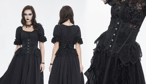 Women's Gothic Floral Embroidered Mesh Splice Faux Leather Underbust Corset