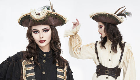 Women's Steampunk Ruffled Lace Splice Feather Hat