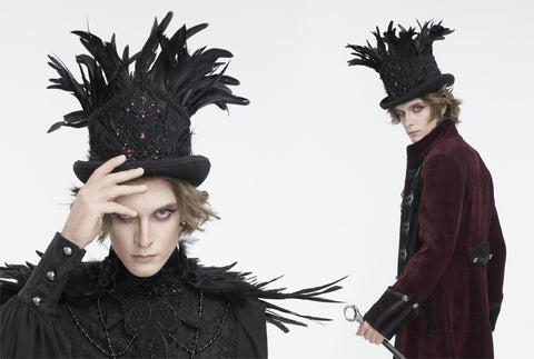 남성용 고딕 꽃무늬 자수 깃털 탑 모자