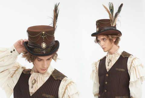 남성용 고딕 기어 깃털 탑 모자