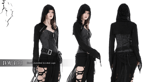 Women's Punk Distressed Zipper Cape with Hood