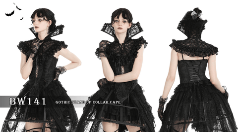 Women's Gothic Stand Collar Ruffled Lace Cape