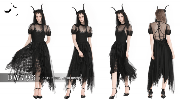 Vestido de noche de malla transparente con volantes irregulares góticos para mujer