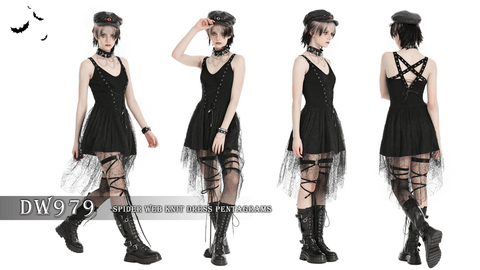 Women's Gothic Plunging Spider Mesh Splice Witch Slip Dress