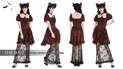 Women's Gothic Puff Sleeved Lace Splice Red Prom Dress