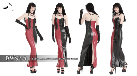 Women's Gothic Contrast Color Faux Leather Party Slip Dress