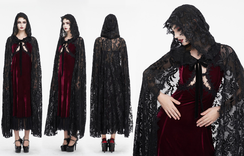 Women's Gothic Lace-up Flocking Lace Cloak with Hood