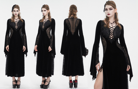 Damen-Gothic-Kleid aus tiefem Mesh-Spleiß-Samt