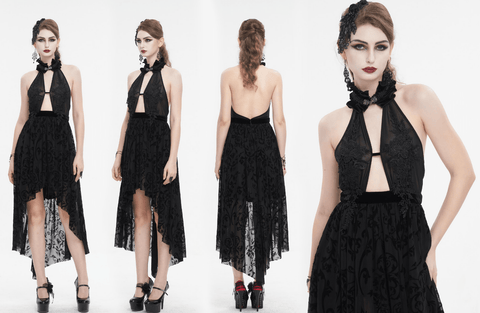 Women's Gothic Floral Embroidered Halterneck Mesh Dress