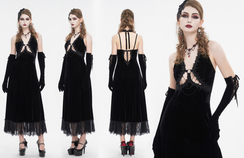 Schwarzes Gothic-Slipkleid mit tiefem Ausschnitt und Spitzensaum für Damen