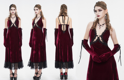 Robe Gothique Plongeant à Lacets à Ourlet en Dentelle pour Femme Rouge