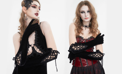 Women's Gothic Lace-up Lace Hem Velvet Gloves Black