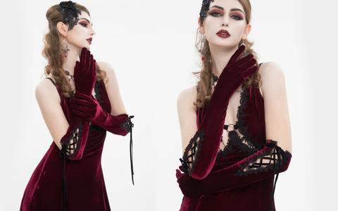 Women's Gothic Lace-up Lace Hem Velvet Gloves Red