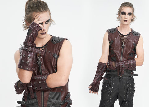 남성용 고딕 스터드 메쉬 스플라이스 레드 하프 핑거 장갑