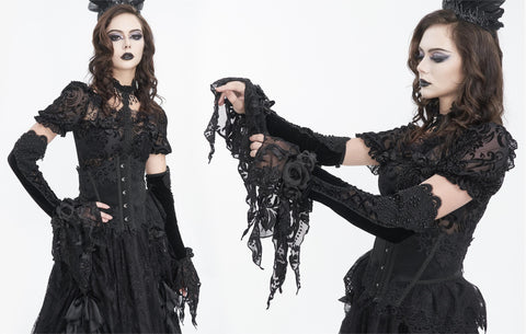 Women's Gothic Floral Beaded Velvet Gloves