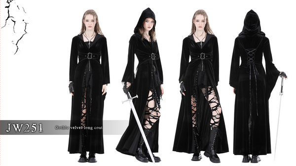Women's Gothic Flared Sleeved Buckle Velvet Coat with Hood