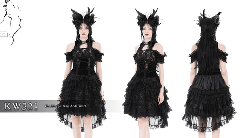 Women's Gothic Flocking Irregular Lace Hem Skirt