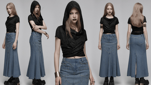 Women's Punk Cowl Neck Ruched Shirt with Hood