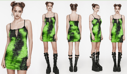 Women's Grunge Ruffled Tie-dyed Slip Dress Green