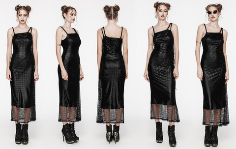 Women's Gothic Mesh Splice Drawstring Slip Dress Black
