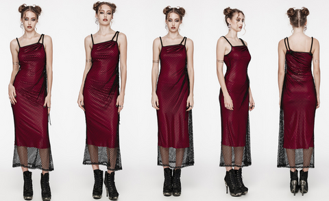 Women's Gothic Mesh Splice Drawstring Slip Dress Red