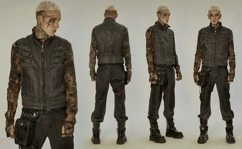 Men's Punk Stand Collar Buckle Distressed Vest