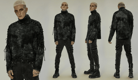 Men's Gothic Tie-dyed Ripped Turtleneck Shirt