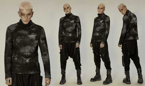 Men's Gothic Mesh Splice Ripped Turtleneck Shirt