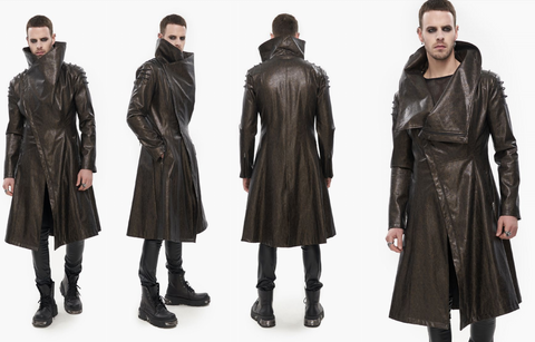 Men’s Punk Stand Collar Faux Leather Long Coat Brown