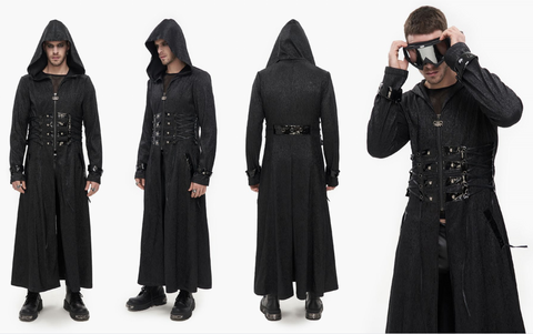 Men’s Gothic Faux Leather Splice Long Coat with Hood