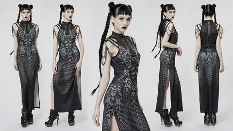 Punk Rave Damen Gothic Riemchen Kleid mit seitlichem Schlitz und Kette