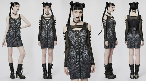 Punk Rave Damska gotycka dwuczęściowa sukienka z odkrytymi ramionami
