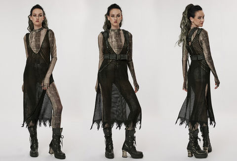 Punk Rave - Vestido de malla con escote pronunciado gótico para mujer