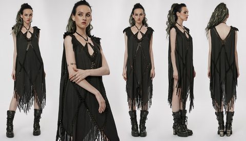 Punk Rave Vestido gótico con borlas de plumas para mujer