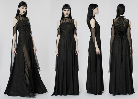 펑크 레이브 여성용 고딕 오프숄더 메쉬 스플라이스 스플릿 드레스