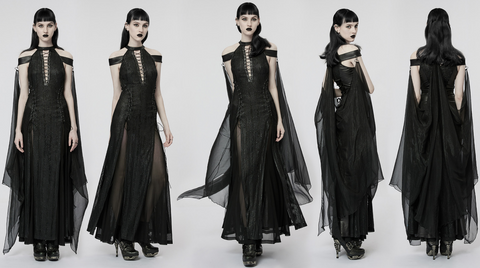 Punk Rave Women's Gothic Strappy Side Slit Dress with Detachable Cape