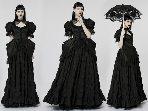 Punk Rave Women's Gothic Puff Sleeved Ruffles Layered Dress