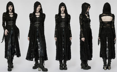 Punk Rave Women's Gothic Ripped Two-piece Coat with Hood