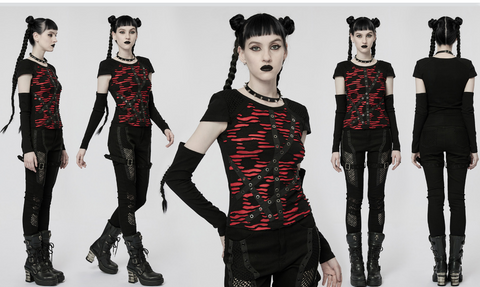 Punk Rave Camisa rasgada de doble color grunge para mujer con sobremangas