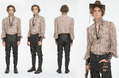 Men's Gothic Ruffled Stand Collar Lace-up Coffee Shirt