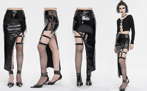 Women's Punk Irregular Patent Leather Skirt with Mesh Stocking